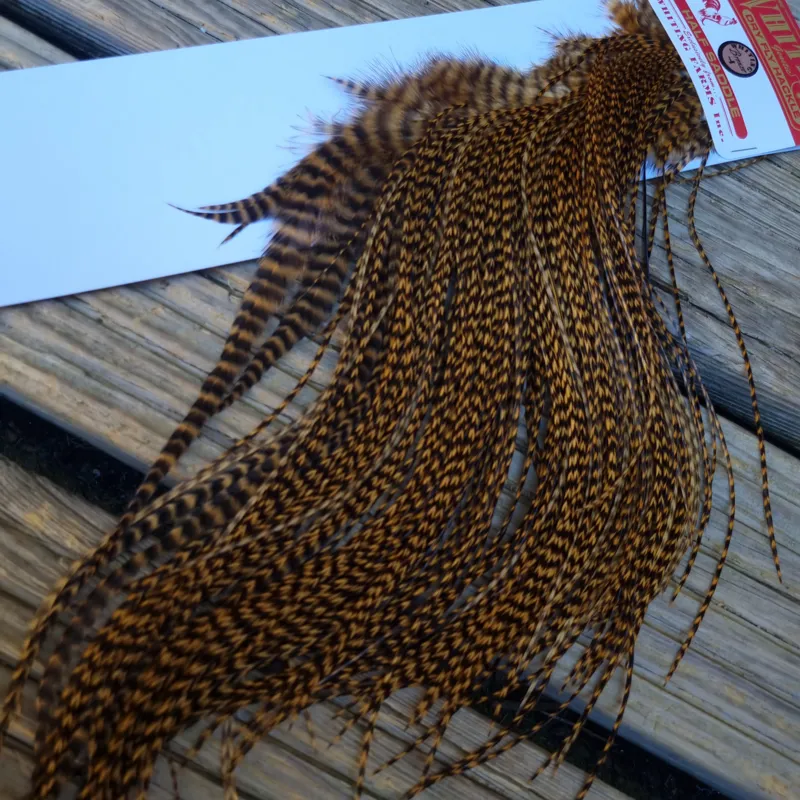 Whiting 1/2 BRONZE Grade Dry Fly Rooster Saddle in Grizzly Dyed March Brown-3